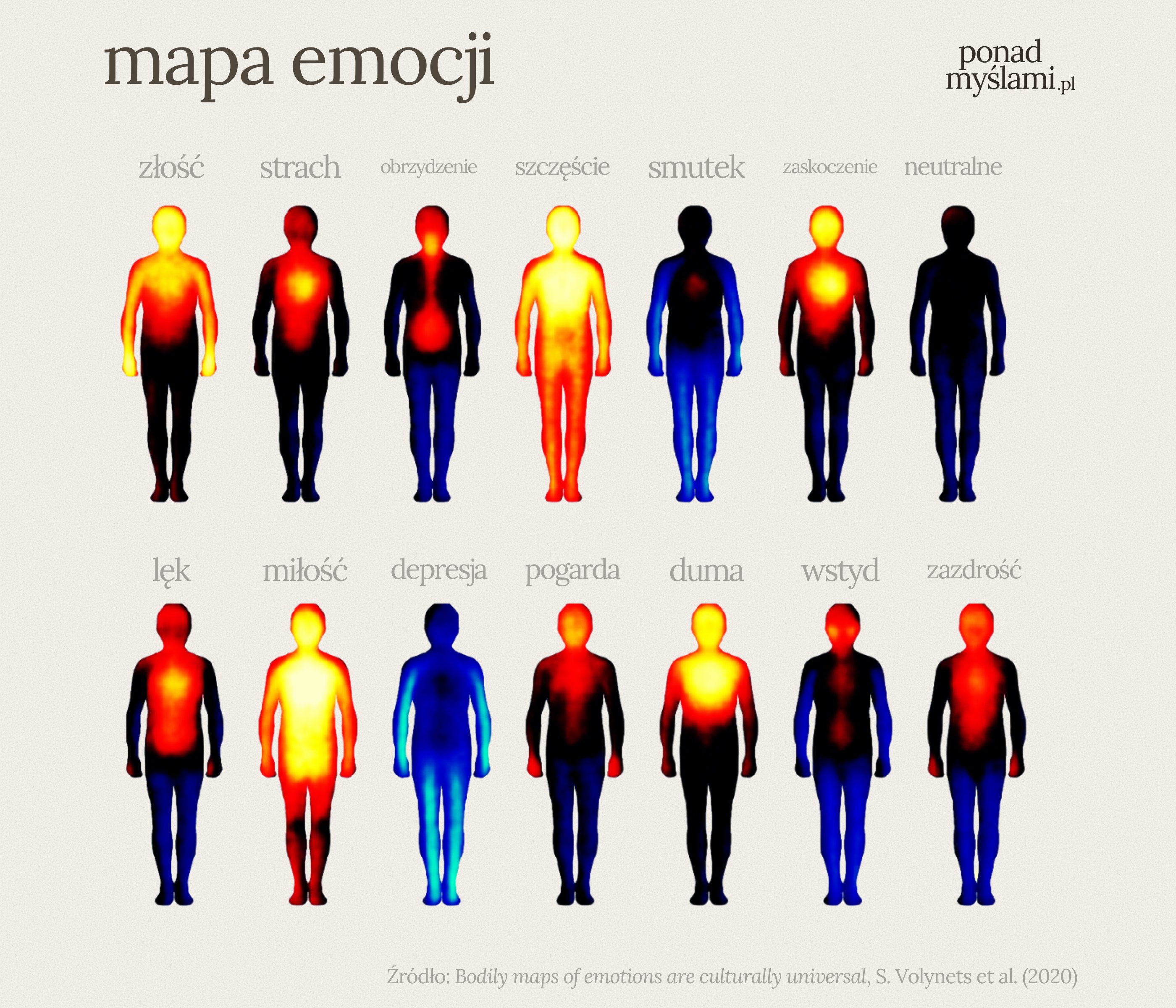 mapa emocji: złość, strach, obrzydzenie, szczęście, smutek, zaskoczenie, neutralne, lęk, miłość, depresja, pogarda, duma, wstyd, zazdrość. Zródło: Bodily maps of emotions are culturally universal, S. Volynets et al. (2020)